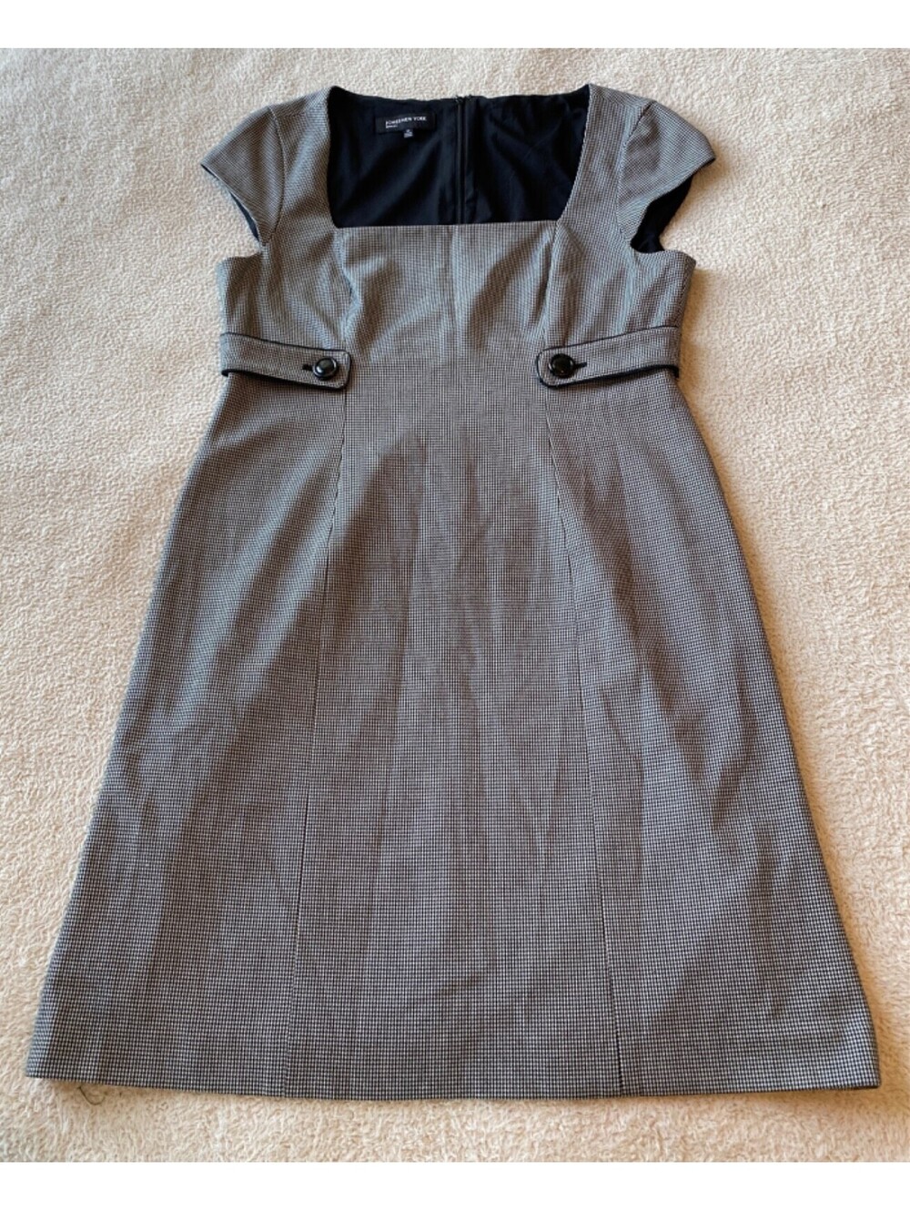 Jones New York Black White Houndstooth Knit Cap Sleeve Formal Shift Dress 14